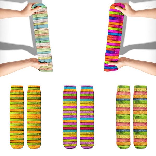 Frauen Socken Modefarbe gestreifte Baumwolldamen elastische 3D -gedruckte Holzkornmuster Lustiger atmungsaktiver Kawaii Sock für Mädchen