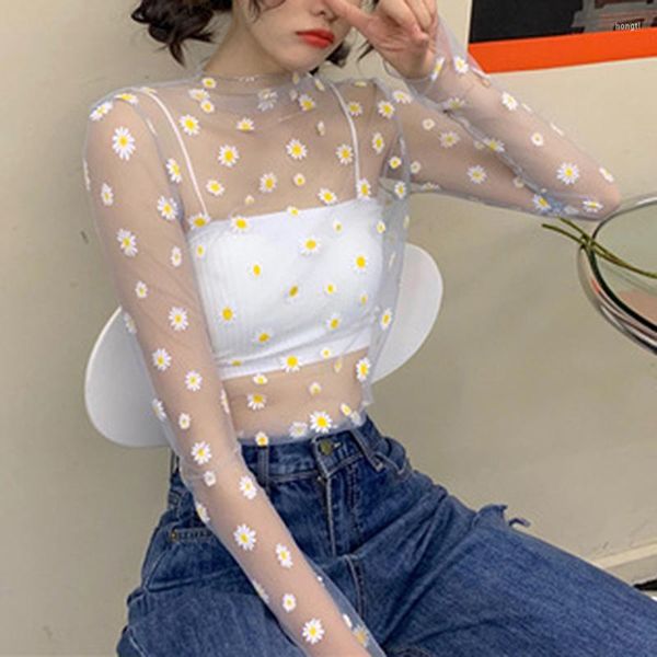 Frauen Blusen Harajuku Nette Spitze Blume Hemd Langarm Mesh Sonnencreme Top Koreanischen Stil Sommer Daisy Print Shirts