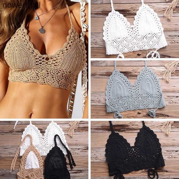 Bralette da donna con scollo all'americana, top corto lavorato a maglia all'uncinetto, camicetta bikini estiva