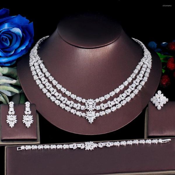 Halskette Ohrringe Set Dreigraces 4PCS glänzend weißer Zirkonstein 3 Schichten Luxus Dubai Afrikanische Brauthochzeit Schmuck für Frauen