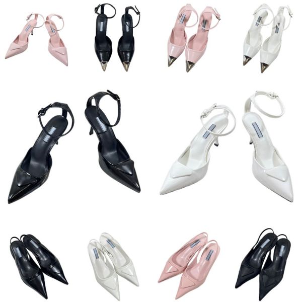 Sandálias triângulo logotipo designer sapatos de metal toe salto alto cinta fivela sapatos de festa top sapatos de couro de patente sexy cor sólida letra de luxo preto branco rosa