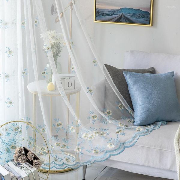 Vorhang aus Voile mit blauem Blumenmuster, bestickt, für Schlafzimmer, Spitze, Wellenboden, rustikal, ländlich, zarter Netzstoff, Erkerfenster, Tende JS185C