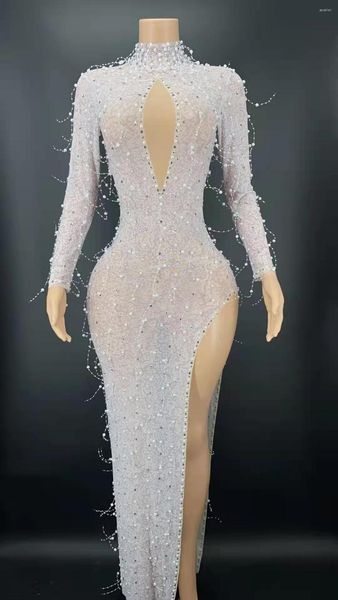 Ropa de escenario Sexy plata diamantes de imitación perlas manga larga vestido transparente noche cumpleaños disfraz mujer bailarina celebrar espectáculo