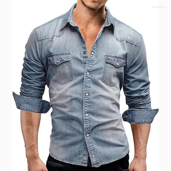 Мужские повседневные рубашки мужская джинсовая рубашка хлопковые джинсы модные тонкие ковбой с длинным рукавом стильные стильные топы мужчины азиатский размер 3xl