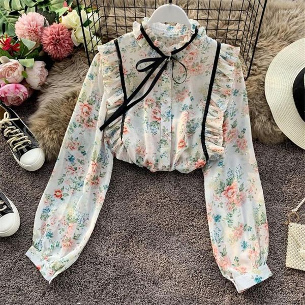 Women's Blouses Gowyimmes Spring Sweety Girl Floral Chiffon Shirt Vintage Women Bow Tie Blouse Lady Long Sleeve Blusas Tosps Bottomings