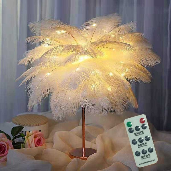 Luzes noturnas Feather Night Light Remote Control Table Lamp USB/AA Creative Feather Lampshade para Wedding Room Decoração do quarto P230325