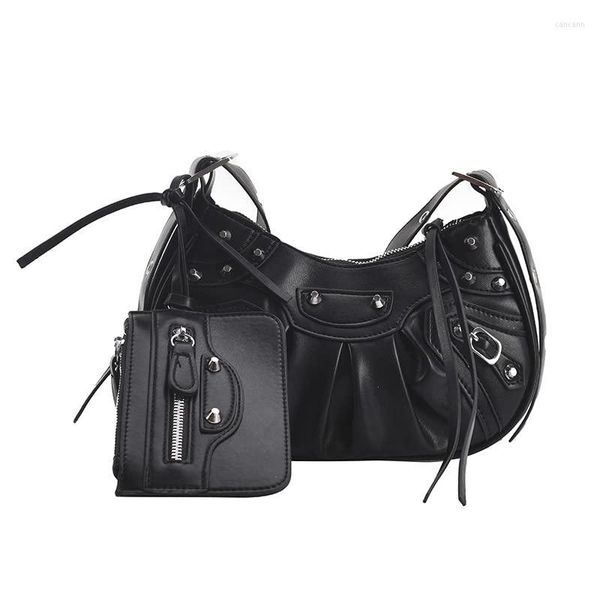 Borse da sera Hobos Donna Stile punk Rivetto Cartelle Borse per donna Personalità Borsa a tracolla con nappa a mezzaluna moda vintage (nero)