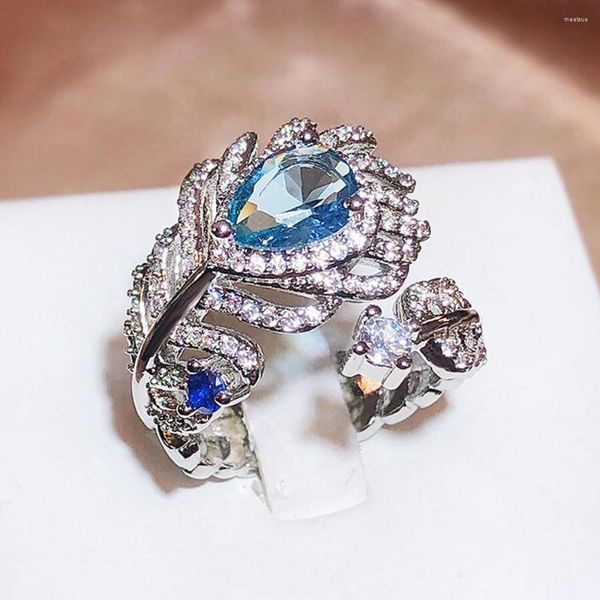 Cluster Ringe Advanced Design Frauen Blaue Feder Ring Weibliche Helle Zirkon Luxus Schmuck Glänzende Mädchen Urlaub Geschenk Party