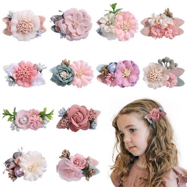 Flor artificial de cabelo doce garotas pino de cabelo bobby pino de cabelo simulação flores pérolas barrettes moda headwearwear kids cabeça acessórios de cabelo 12 estilos