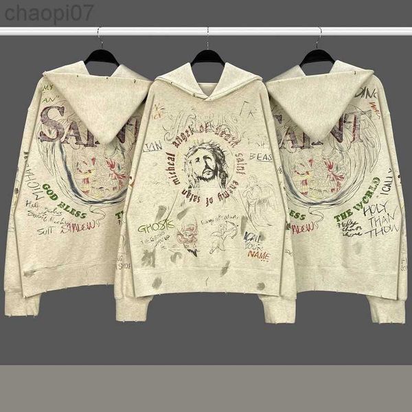 Designer Mode Hoodie Saint Michael Jesus Handbemalte Graffiti Löcher aus alten amerikanischen Kapuzenpullover für Männer und Frauen