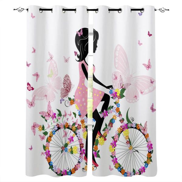 Tende per tende Farfalla Ragazza Bicicletta Fiore Rosa Bianco Per la cucina La camera da letto Tende per il trattamento delle finestre Soggiorno moderno
