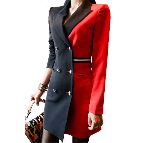 Casual Dresses JSXDHK Frauen Zweireiher Blazer Bleistift Arbeitskleid Business Herbst Schwarz Rot Patchwork Kerbkragen Mantel Büro