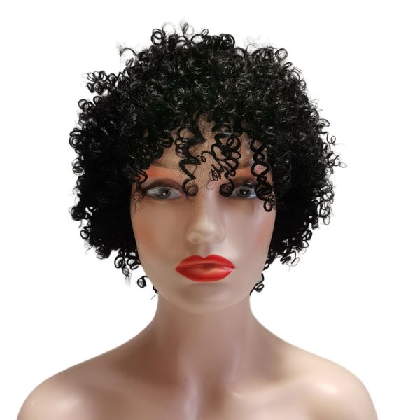 Cabelo humano brasileiro Pixie Bob Cut Wig com franja Afro Waky Wave Black Wig