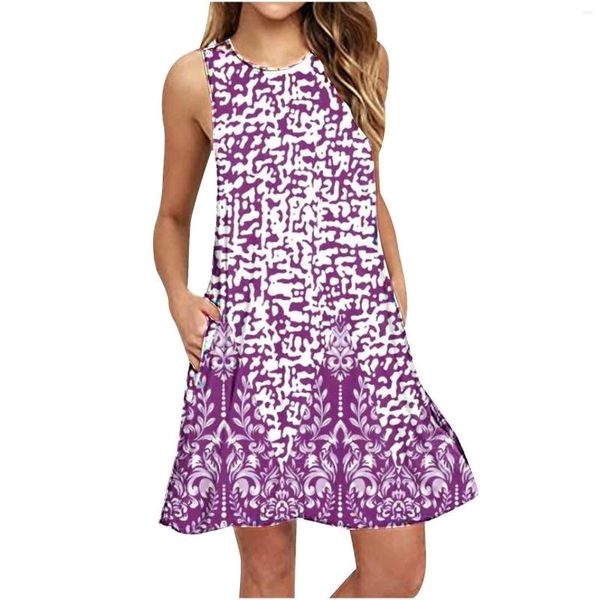 Vestidos casuais femininos praia de verão Floral Camiseta fofa para vestido maxi feminino elegante com bolsos