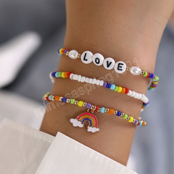 Pulseira de charme de arco -íris bohemia Conjunto para mulheres colorir arroz com corda de amor letra de amor bangle meninas boho jóias presente