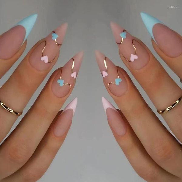 Falso unhas 3d Conjunto falso Pressione Faux OnGles Dicas de amêndoa francesa fosco nude rosa azul desenhos de coração manicure prego de acrílico