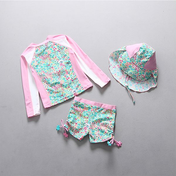 Badebekleidung, rosa Blumen-Sonnenhut, 3-teilig, Mädchenbekleidung, Kinder-Kleinkind-Baby-Anzug, Kinder, 2-teiliger Ming-Langarm-Anzug 230325