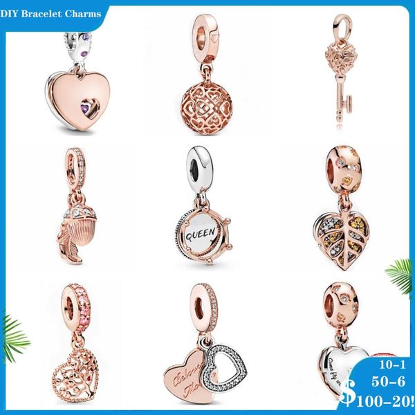 925 ciondoli di perle d'argento per bracciali con ciondoli pandora designer da donna Ciondolo con perline chiave a cuore in oro rosa