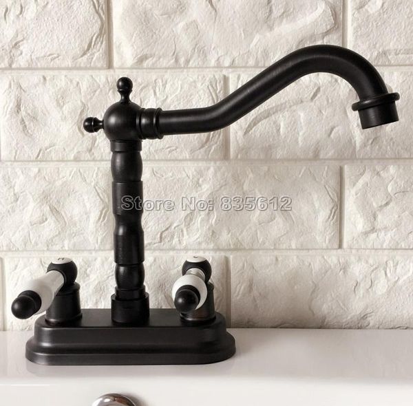 Rubinetti per lavandino del bagno Rubinetto per lavabo a 2 fori in ottone olio nero con montaggio su piano Rubinetto per lavabo a 2 fori con doppia leva in ceramica / Miscelatore acqua fredda Rubinetti per vasi Whg068