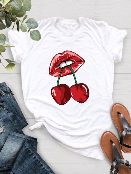 Damen T-Shirts Druck T-Shirts Lippen LIP Lustige Trendstil süße Frauen lässig weibliche weibliche Kurzärmel Damen Modekleidung Kleidung Grafische T-Shirt