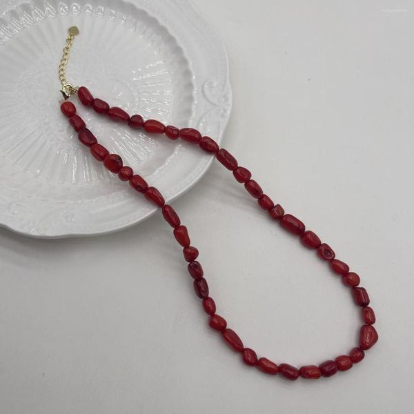 Catene Collana di perline di corallo rosso naturale Bracciale Girocollo rotondo quadrato di bambù irregolare per regalo di gioielli da donna