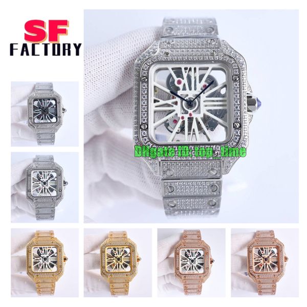 SF Factory Watches SFA0007 Swiss Ronda 4S20 Quarz-Herrenuhr, vollständig vereistes Diamantengehäuse, weißes römisches Skelett, Diamant-Edelstahlarmband, Herrenarmbanduhren