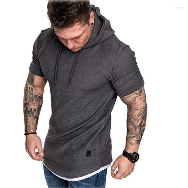 Herren-T-Shirts, 2023, modisch, Muskel-Kapuzen-T-Shirt, solide, warm, kurzärmelig, Kapuzenpullover, Fitnessstudio, Slim-Fit, lässige T-Shirts