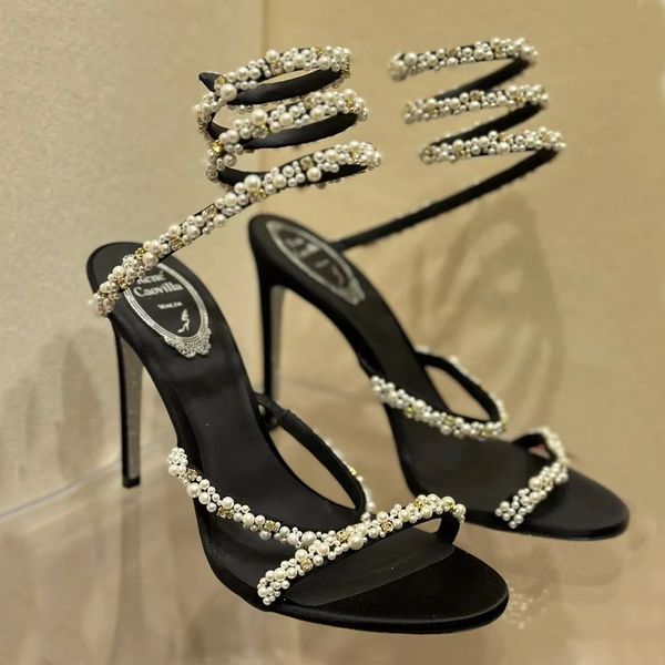 Sandálias de estilete decorativas com cristais Cleo 95mm Pérola Strass decorar Sapatos de vestido de anel preto vermelho vestido de noite salto alto feminino designer de luxo sapato de fábrica