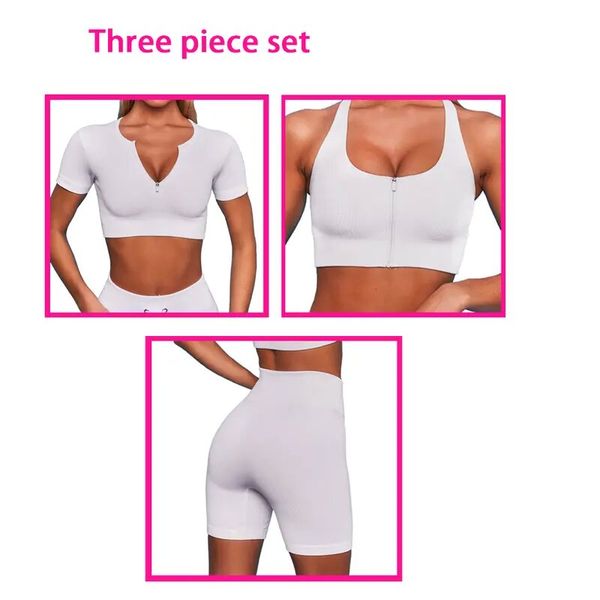 3PC Women Outfit Set New Striped Seamless Butt Leggings Shorts Reggiseno Top Abbigliamento da yoga