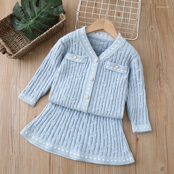 Kleidung Sets 2023 Koreanische Mädchen Gestrickte Anzüge Mode Süße Solide V-ausschnitt Einreiher Pullover Strickjacke A-Linie Rock Zwei Stücke set