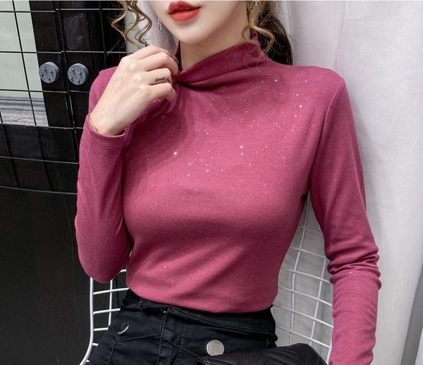 T-shirt da donna a doppia faccia in velluto tedesco con cielo stellato, camicia a fondo scintillante, stile autunno e inverno da donna, collo alto caldo