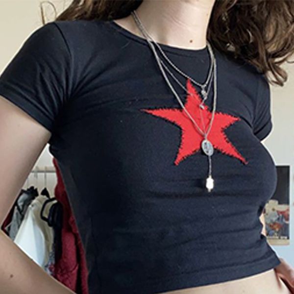 Kadın T-Shirt High Street Harajuku Retro Kırmızı Yıldız Nakış Moda Gotik Kısa Kol Kırpılmış Üst Kısa Göbek Seksi Üstü Kadın Y2K Giysileri 230325