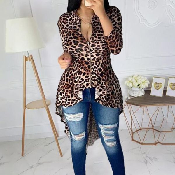 Camicette da donna Camicetta a maniche lunghe con stampa leopardata sexy Moda donna 2023 Camicie con peplo asimmetrico femminile africano Zipper Top Streetwear