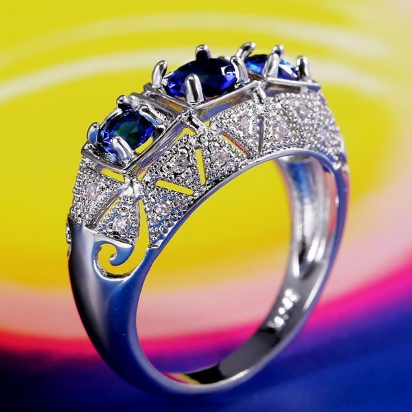 Anéis de casamento Chegada 3 Pedra azul para mulheres Presente Hollow Silver Ring Jewelry Bague Femme Anilos Mujerwedding