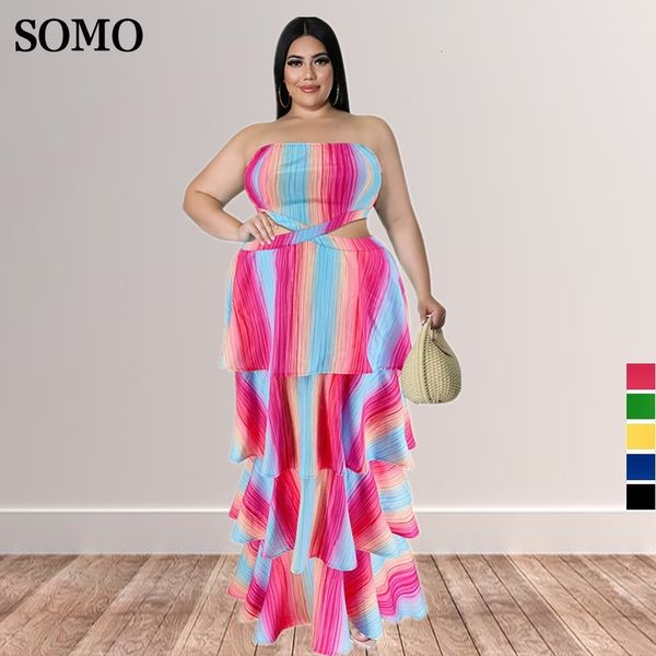 Plus Size Kleider Gestreifter Druck Sexy Trägerloses Tube Top Damenmode Maxi Lange Kleider Hohl Plus Size Sommerkleidung Großhandel Drop 230325