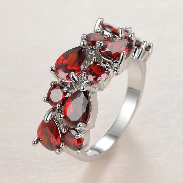 Anéis de casamento Womens Red Stone Red Ring Silver Color Geométrico Zircão Birthstone For Women Bands Boho Mom Jóia Presentes