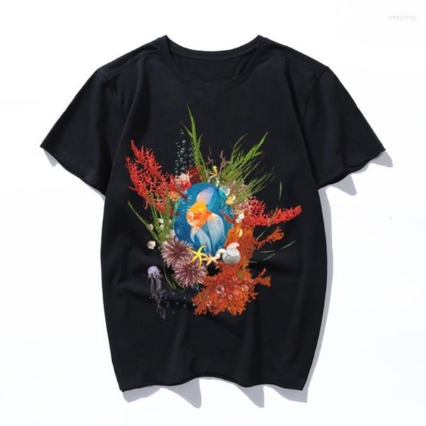 Camisetas masculinas peixes dourados ulzzang harajuku camiseta de camiseta homens homens impressão camisa de impressão de verão