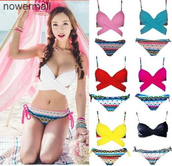 Kore tarzı Criss Cross Halter Top Wrap Bikini Push Yukarı Mayo Takımları Seksi Baskı Mayo Bottom Kadın Bandaj Mayo