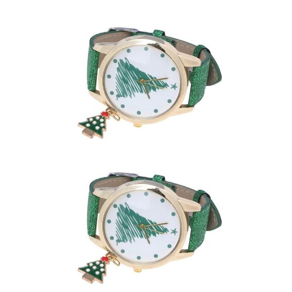 Orologi da polso 2 pezzi Elegante stile natalizio Orologio da polso da donna alla moda verde (albero di Natale)