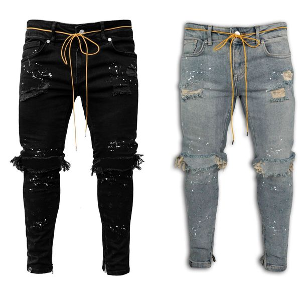 Jeans masculinos Jeans Jeans Stretch Destroyed Ripped Point Point Design Fashion Fashion Zipper Jeans Skinny For Men 230325