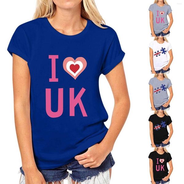 Damen-T-Shirts „I LOVE UK“, bedruckte T-Shirts, Sommer-Damen, kurzärmelig, O-Ausschnitt, Grafik-T-Shirts, Urlaub, 90er-Jahre, Mädchen, Dame, lässig, lockeres Oberteil