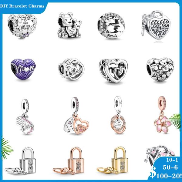 925 Silberperlen-Charms für Pandora-Charm-Armbänder, Designer für Frauen, DIY-Anhänger, Muttertag, unendliche Mutter, Herzschloss-Charm