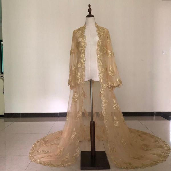 Обертывание курток роскошное настоящее изображение Золотые свадебные накики плащные плащ с длинным рукавом кружев