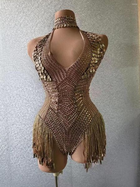 Abbigliamento da palco Tuta con strass dorati lucidi Tuta con paillettes sexy Tuta da festival Abito da sera Prom Paillettes Nappa Compleanno Festeggia Costume