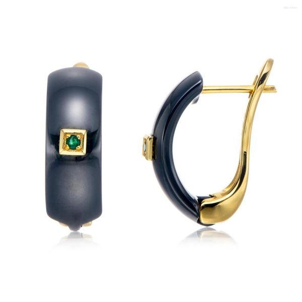 Brincos de costas Boseok Emerald e Cerâmica Negra 18k Amarelo Ouro sobre Prata Esterlina 0,04ctw