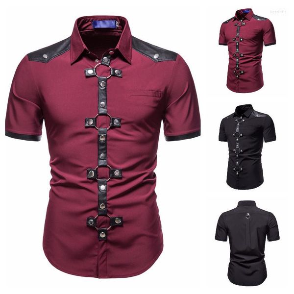 Camicie casual da uomo 2023 Summer Punk Camicia a maniche corte da uomo Gothic Rivet Performance Abbigliamento Moda Nero Rosso Tinta unita Top