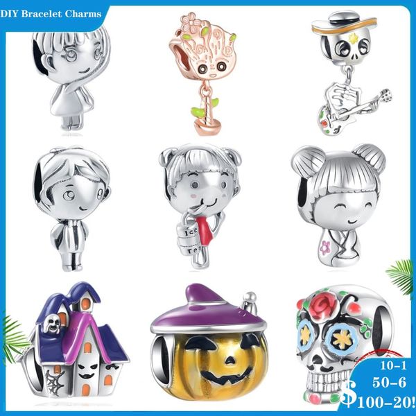 925 SIVER BEADS CHARMS PARA PANDORA CHARM BRACELES DE BRACELES DE SUPERIOR PARA MULHERES OPENS OPENS Garoto e menina Pumpkin Lantern Halloween