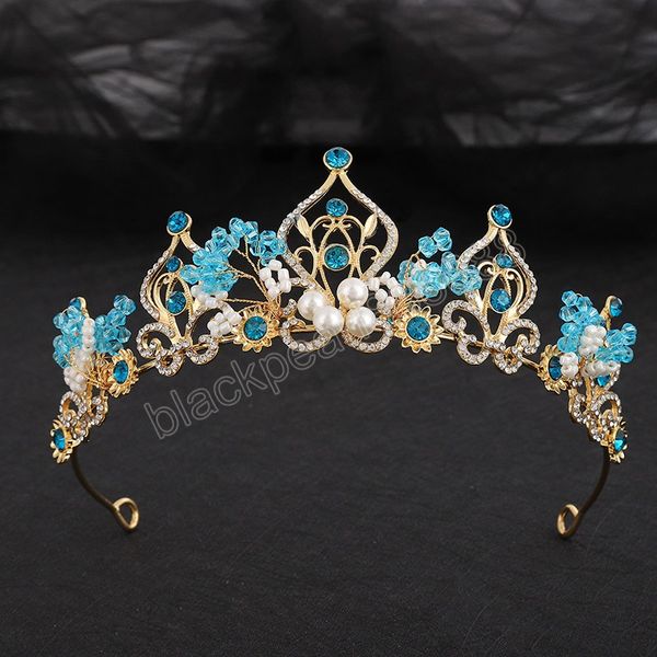 Handgemachte blaue Kristall Tiara Haarschmuck Accessoires koreanische süße Mädchen Braut Braut Perle Blume Tiara Krone