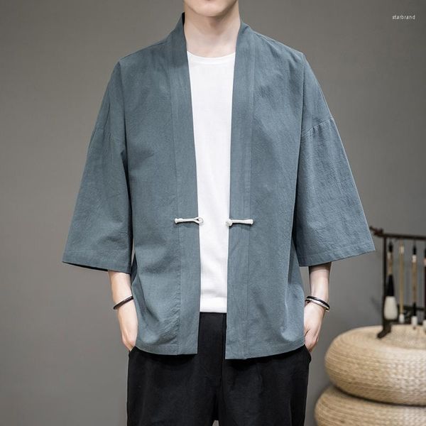 Männer Jacken 2023 Männer Baumwolle Kimono Offener Stich Mode Leinen Strickjacke Feste Oberbekleidung Vintage Chinesischen Stil Männliche Casual Mäntel