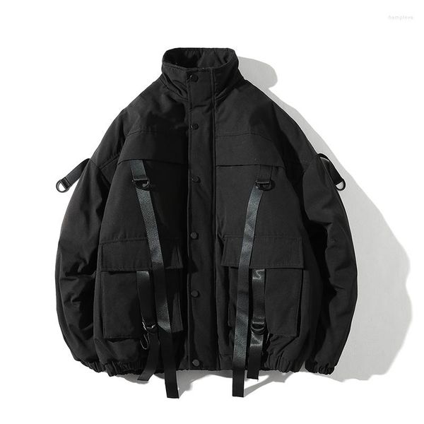 Fitas de fitas masculinas bolsões jaqueta de inverno masculino espesso de hip hop streetwear parka casacats casual acolchoado jaquetas masculinas roupas nos tamanho